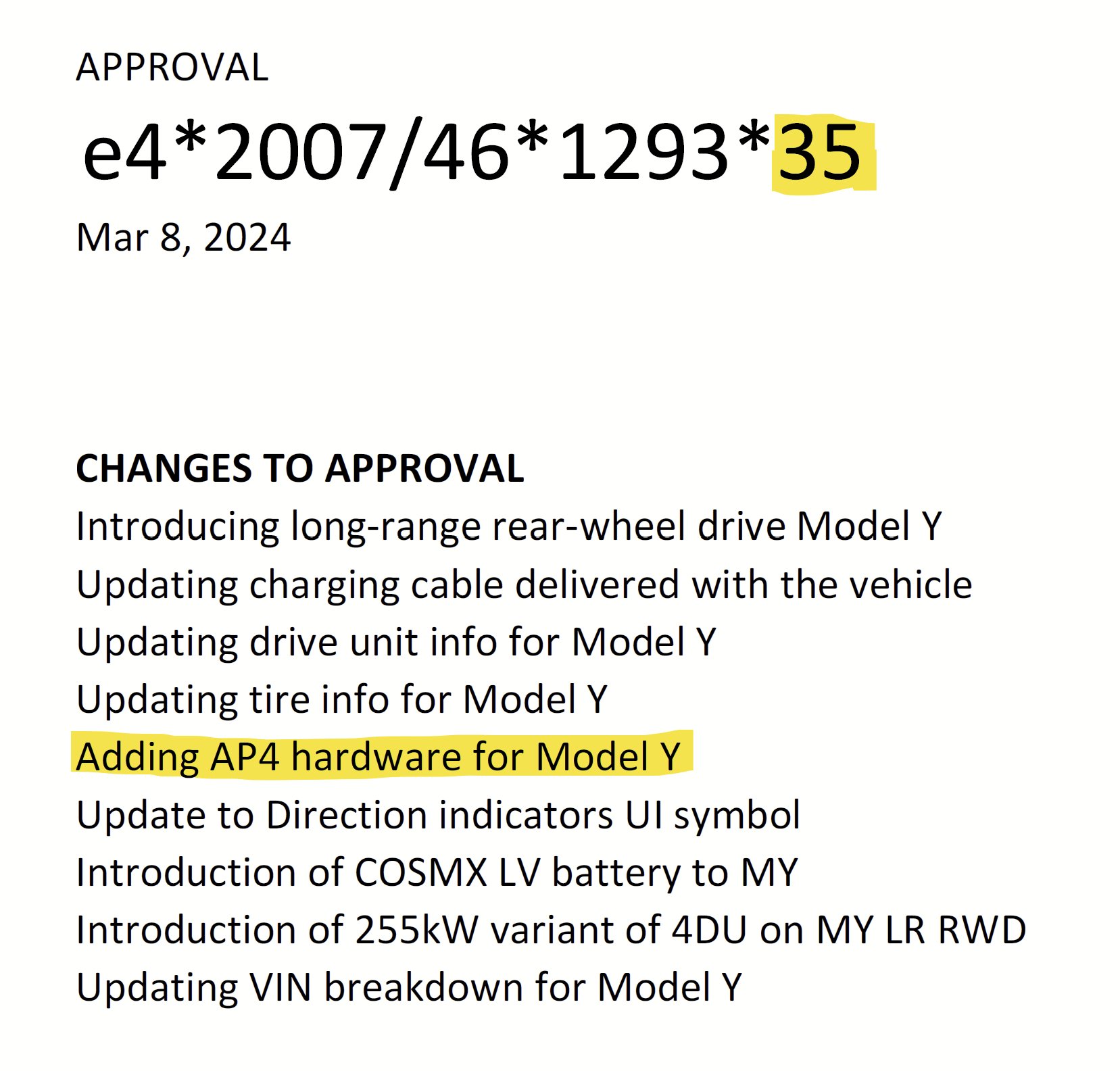 omologazione tesla model y hardware 4 rwd long range