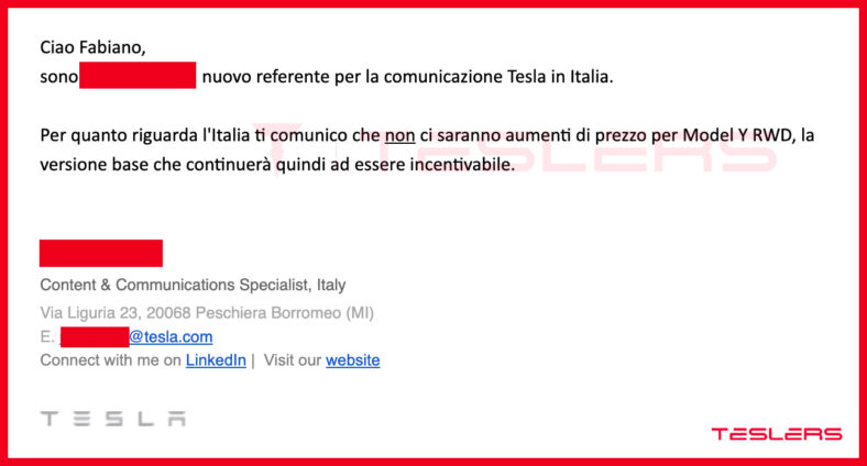 tesla italia scrive a teslers model y prezzo invariato