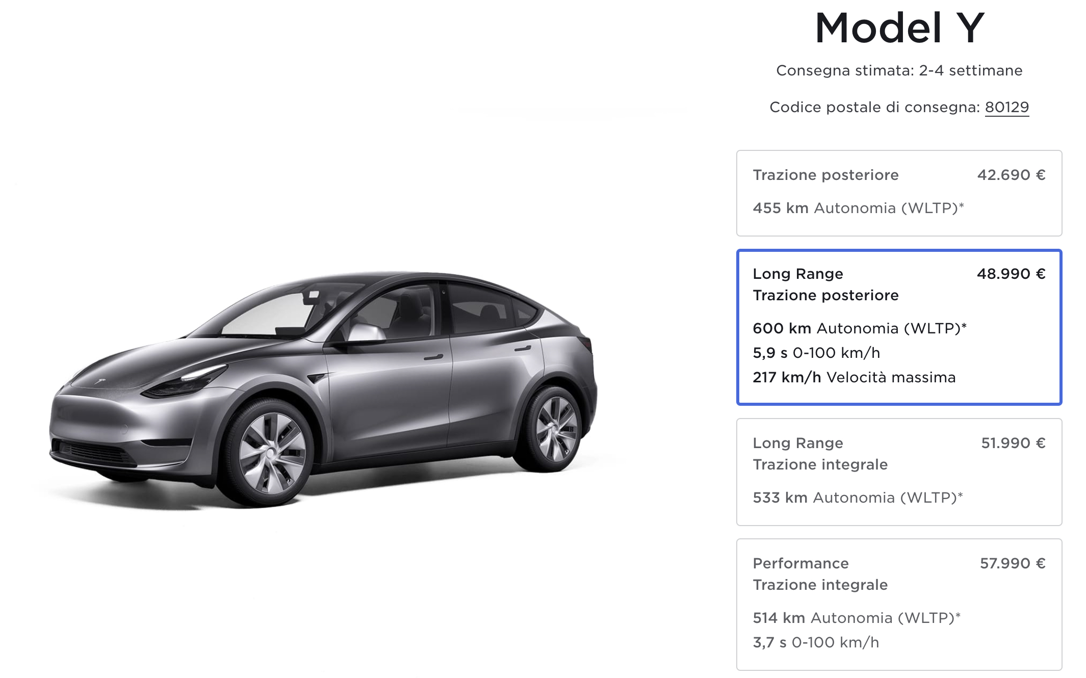 Nuova Tesla Model Y Long Range a trazione posteriore