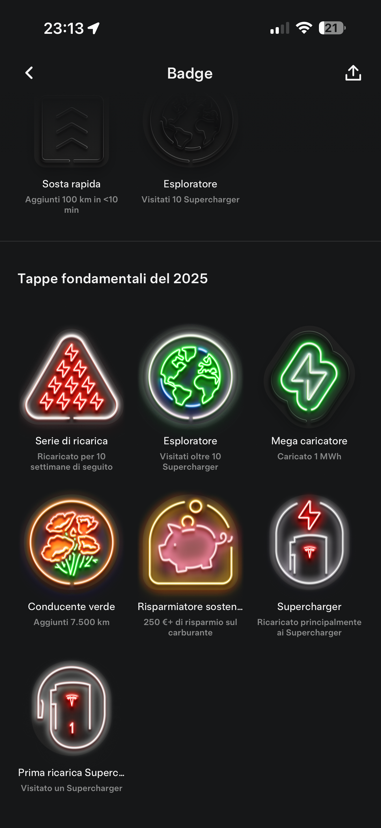 L’app Tesla rinnova le Statistiche di Ricarica: mappa dei Supercharger, badge da collezionare e un concorso per ricaricare gratis a vita — screenshot 2