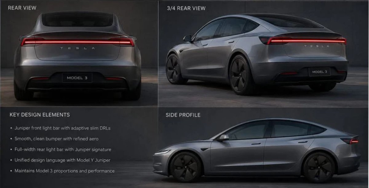Ecco come potrebbe essere la nuova Tesla Model 3 con il design Juniper: barre luminose davanti e dietro 3 Ecco come potrebbe essere la nuova Tesla Model 3 con il design Juniper: barre luminose davanti e dietro — screenshot 1