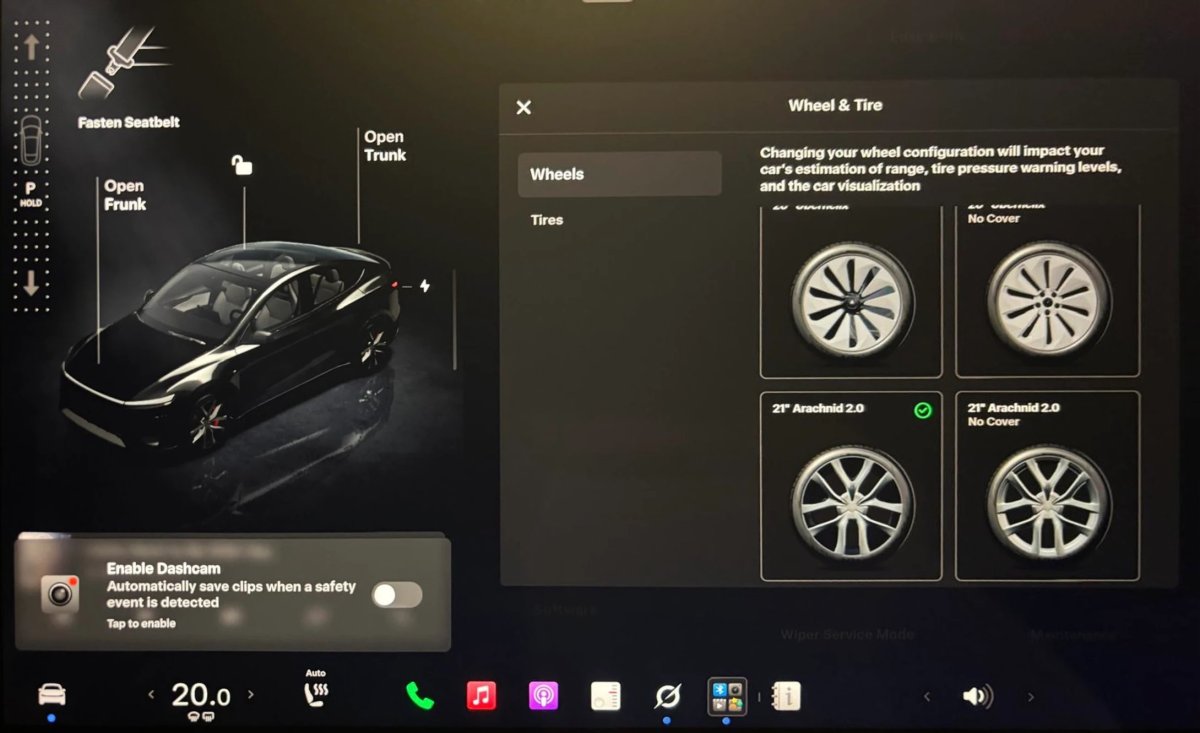 Tesla avvia il rollout dell’aggiornamento 2026.32: nuovo menu visuale dei cerchi, ricerca su Apple Music e un richiamo europeo risolto via OTA — screenshot 1
