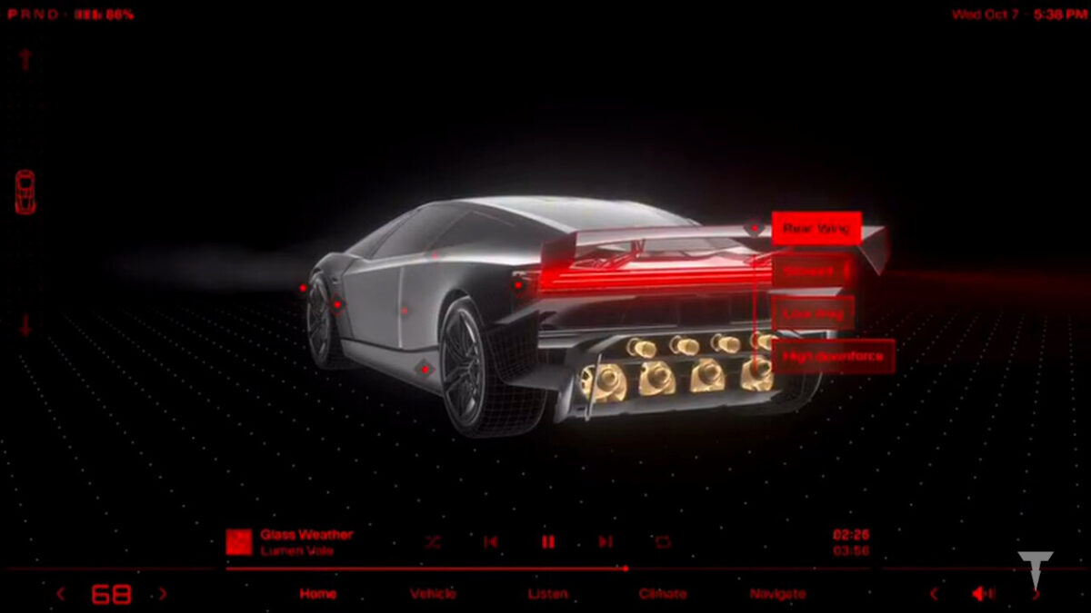 L'interfaccia della nuova Tesla Roadster con il modello 3D e l'alettone posteriore