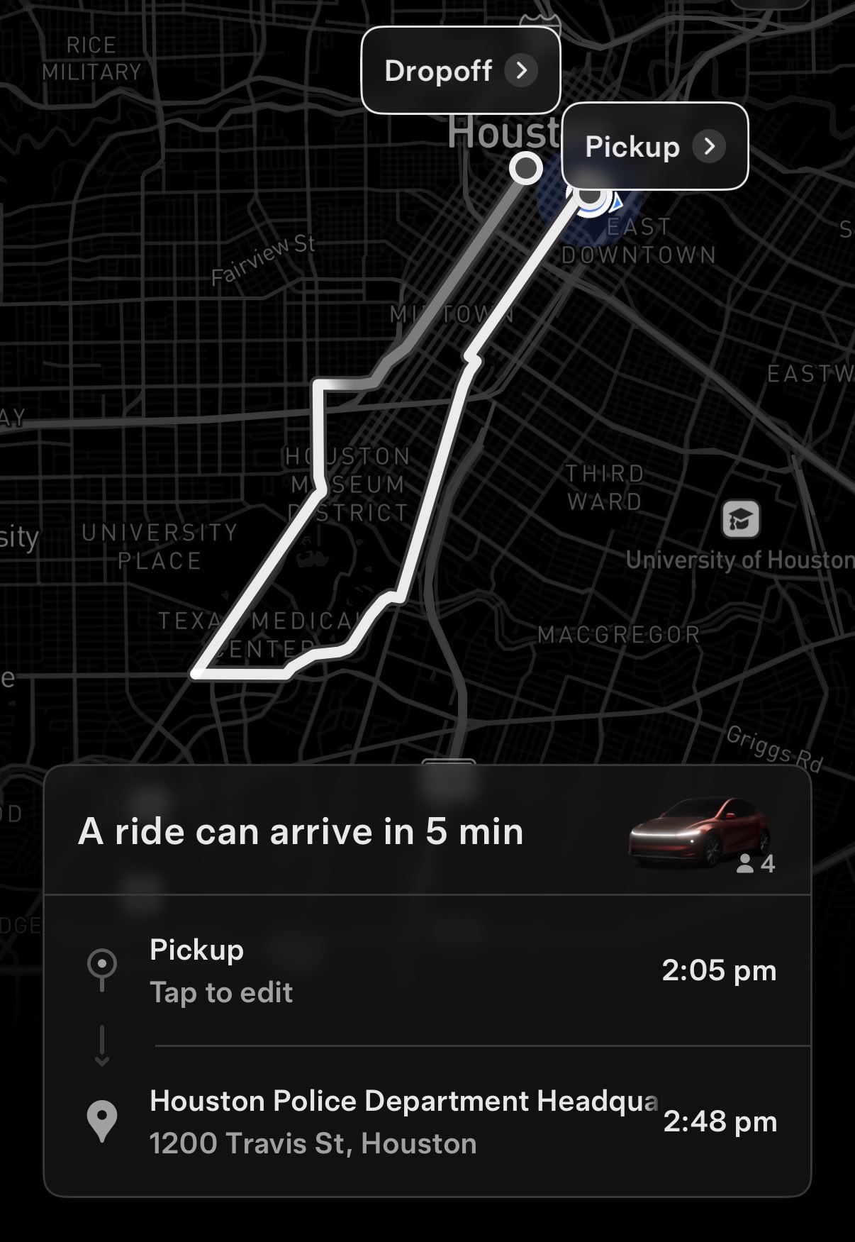 Tesla Robotaxi, a Houston la mappa a forma di razzo è in parte finta: in centro le corse non si possono prenotare — screenshot 1