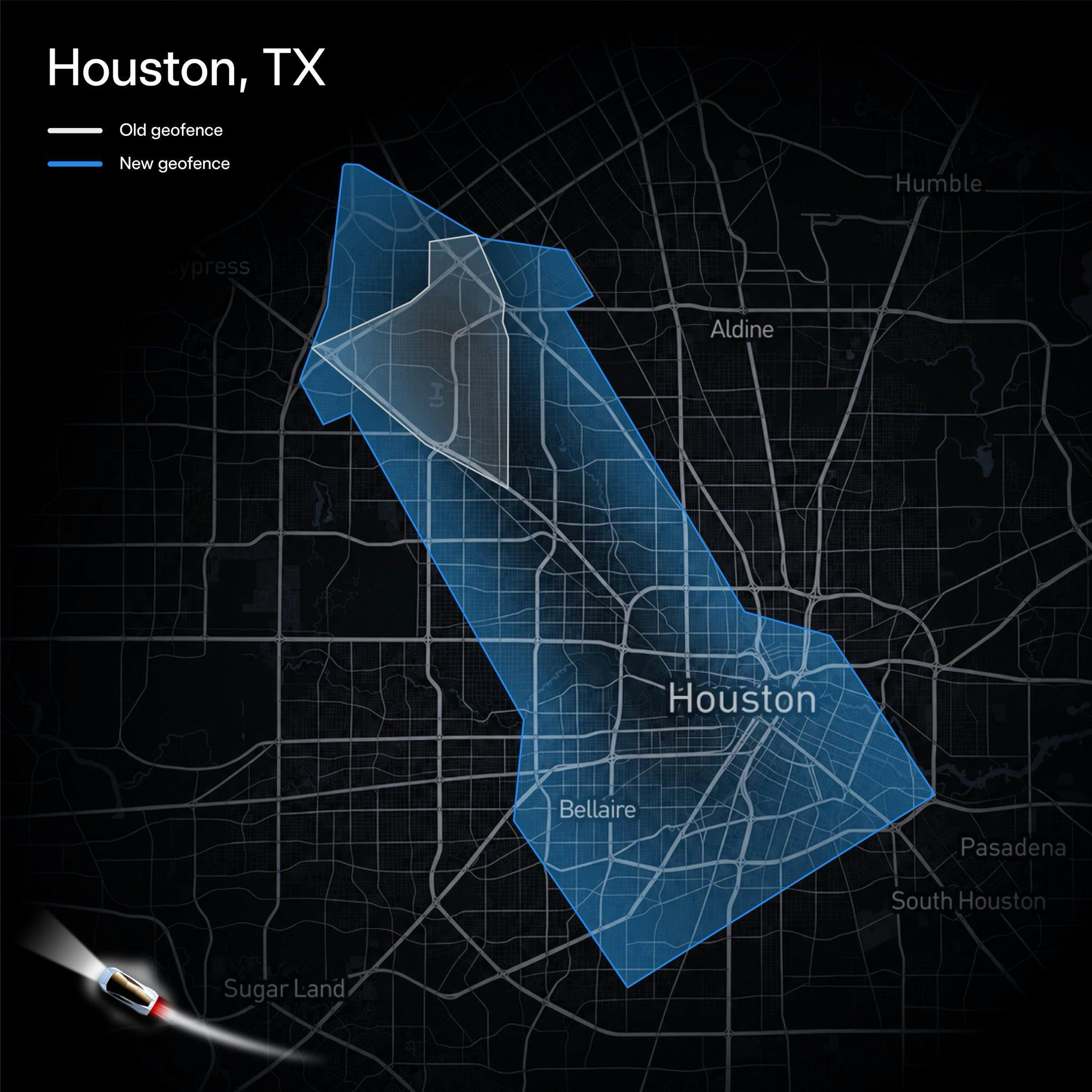 Tesla Robotaxi, a Houston la mappa a forma di razzo è in parte finta: in centro le corse non si possono prenotare — screenshot 1