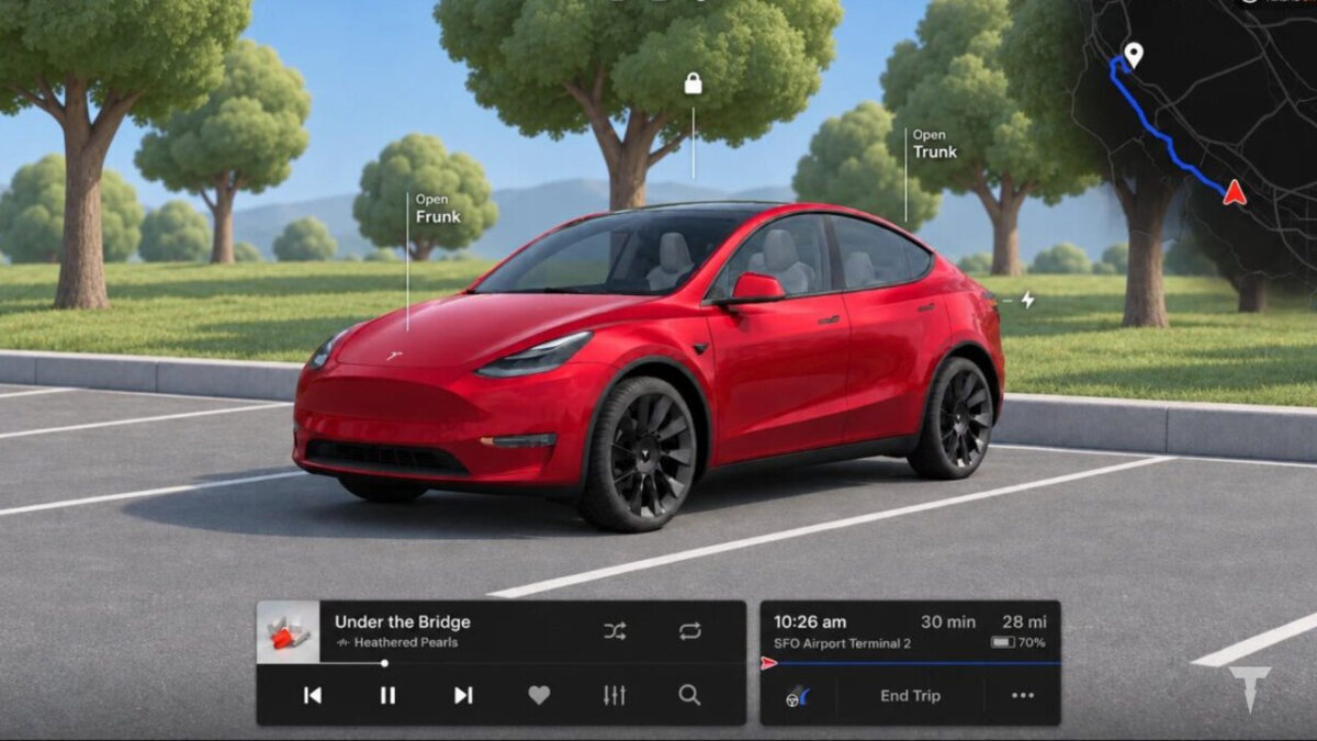 Concept della visualizzazione Tesla da parcheggiata in un parcheggio alberato